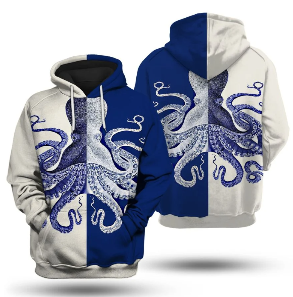 Octopus White And Blue All Over Printed 3D Hoodie 4