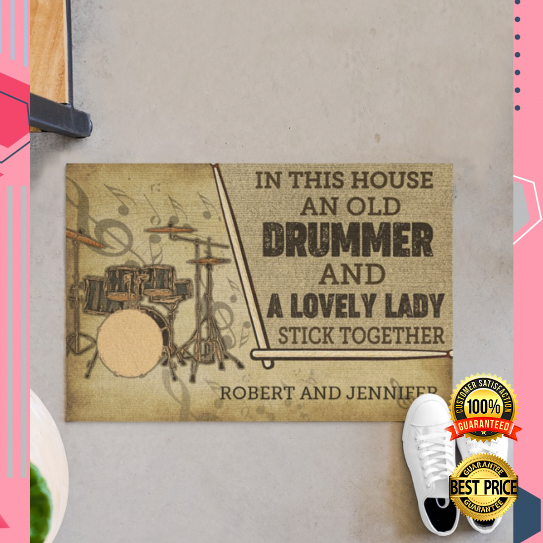 Personalized in this house an old drummer and a lovely lady stick together doormat 4