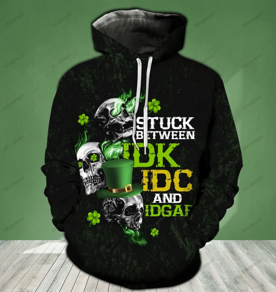 Irish skull stuck between idk idc and idgaf all over printed 3D hoodie