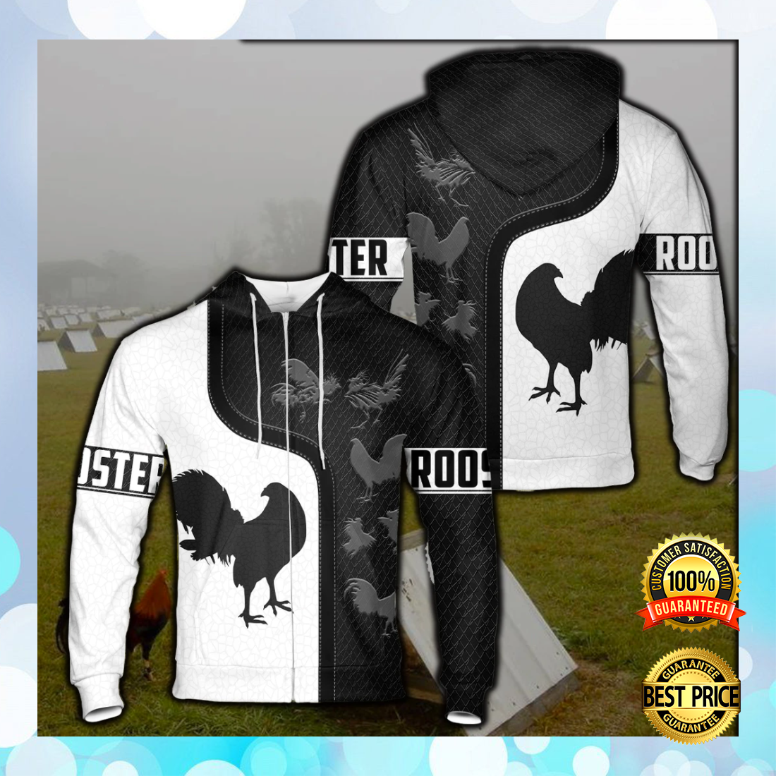 Rooster Black And White All Over Printed 3D Hoodie 2