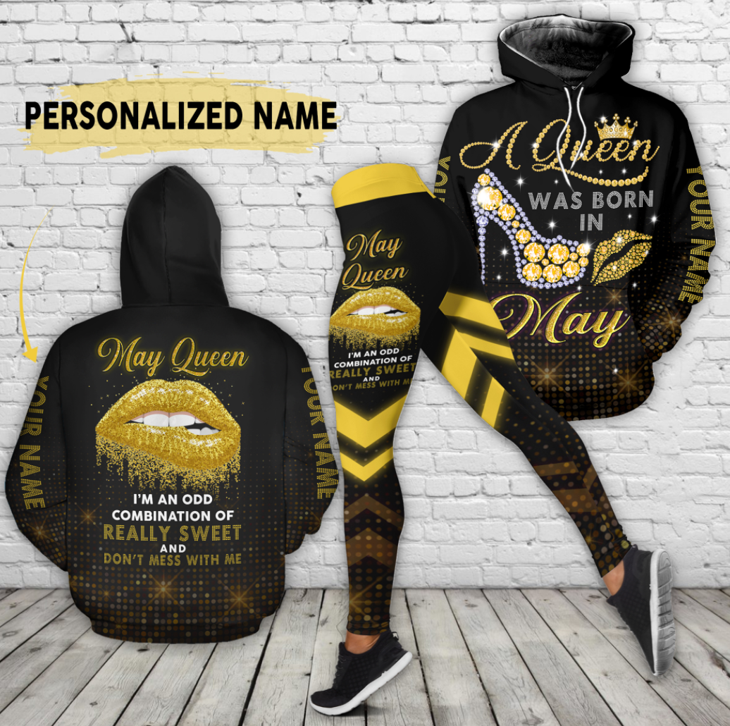 Personalized a queen was born in may all over printed 3D hoodie and legging 2 1