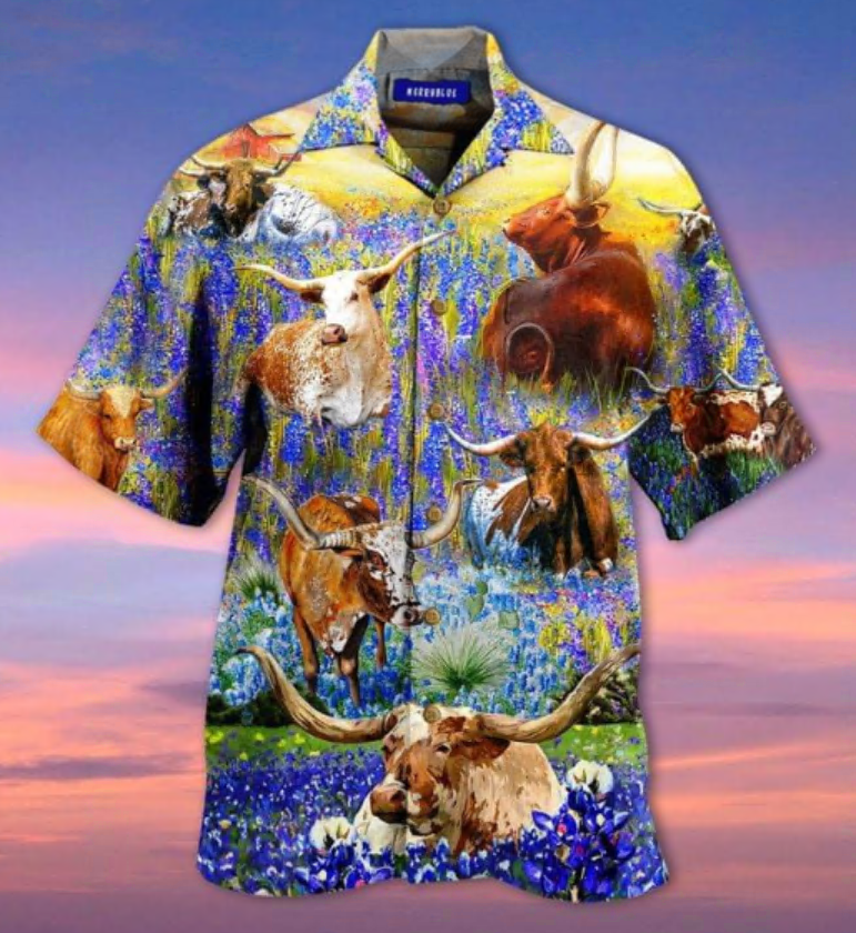 Texas Longhorn In Bluebonnets hawaiian shirt