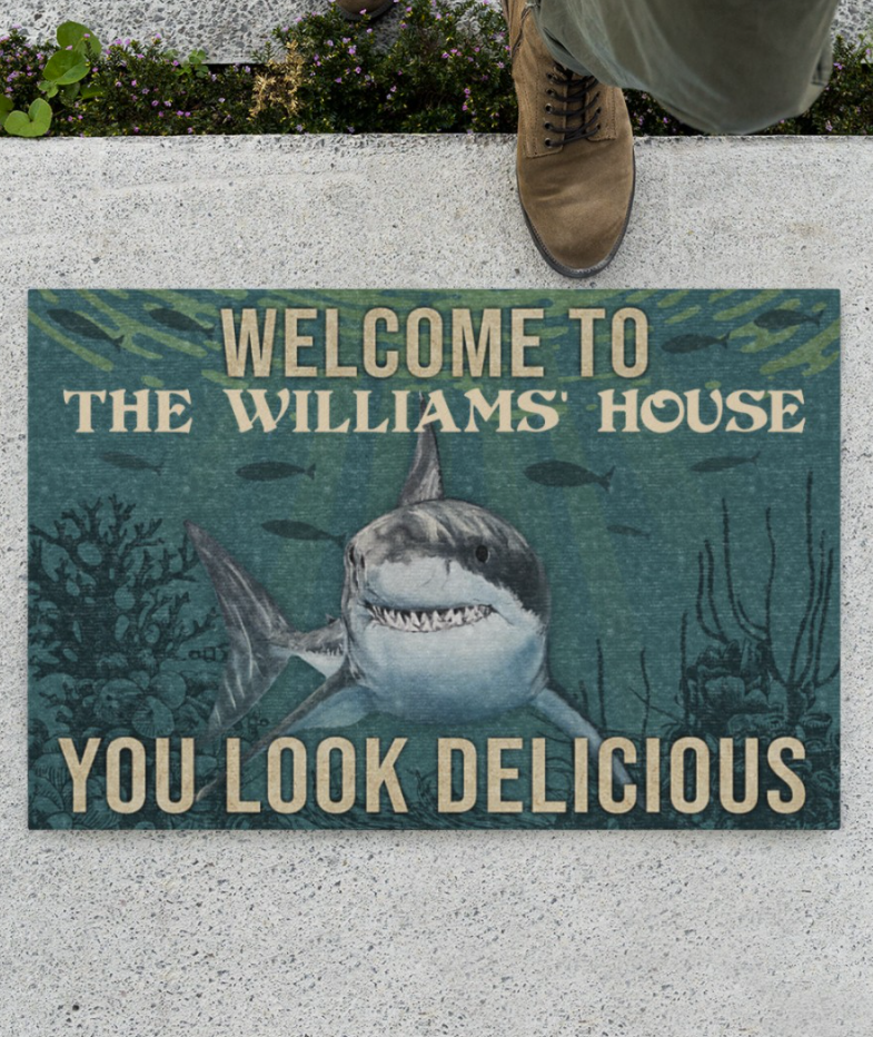 Personalized shark welcome you look delicious doormat