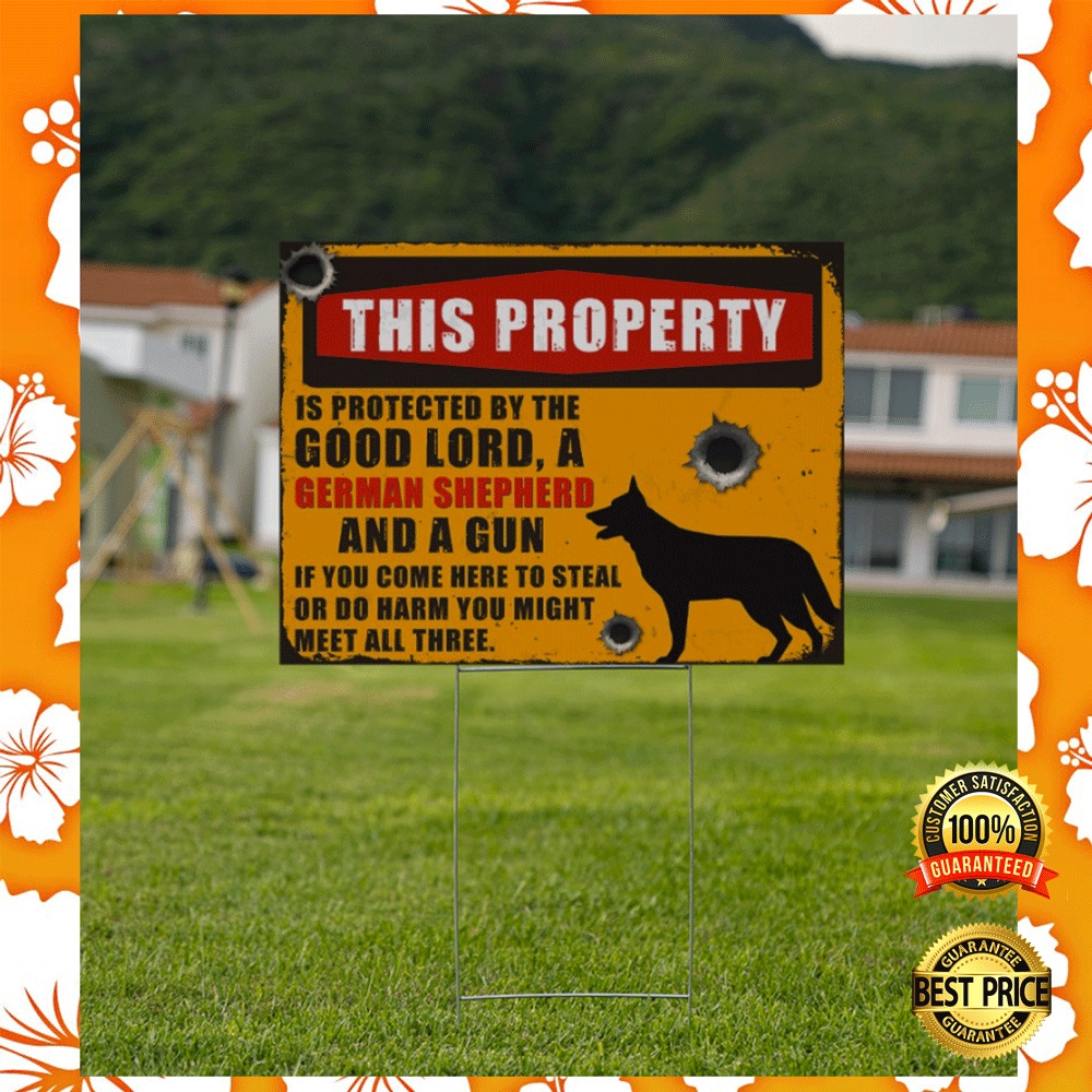 This property is protected by the good lord and german shepherd and a gun yard sign2
