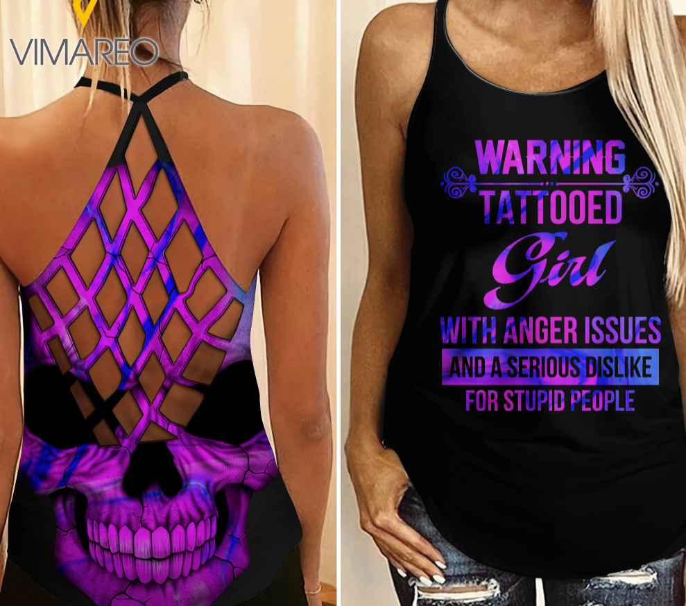 Warning tattoo girl with anger issues and a serious dislike for stupid people criss cross tank top
